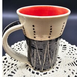 Artisan Studio Pottery Mug Red Interior Black Cream Geometric Hand Painted